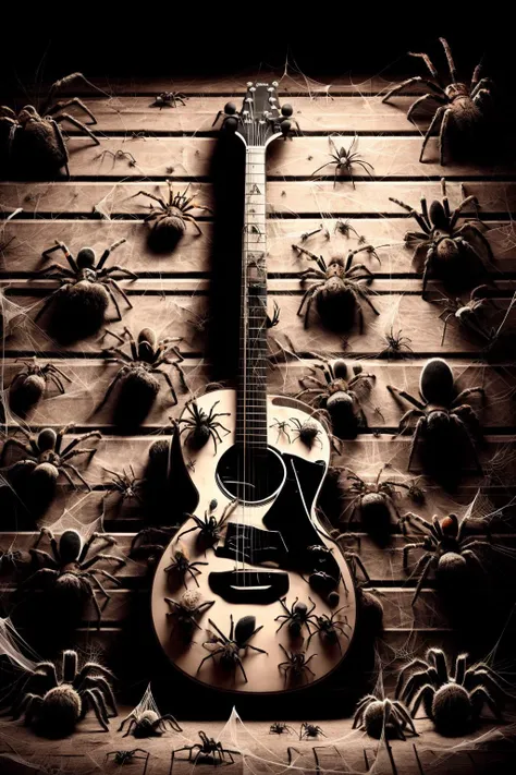 Ais-spiderz on a guitar, in a dusty attic <lora:Spiders_Style_SD1.5:1>