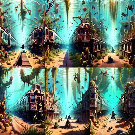 (otherworldly, otherworldly atmosphere, otherworldly appearance), highly insanely detailed, masterpiece, top quality, best quality, highres, 4k, 8k, RAW photo, collar, earrings, jewelry, necklace, armlet,
(long_hair, long hair, random colors cloth, random colors hair, random long hair, dynamic hair, glowing hair, hair over one eye),
(eyelashes, eyeliner, eyeshadow, eyelashes),
pink lipstick,
natural makeup,
((ancient egyptian theme:1.2)), golden ornaments,
1girl, (portrait:0.4), nsfw,
((desert, Mexico, cacti, underwater)),
Middle Earth,
long messy hair,
1girl,
a large fantasy dwarf settlement underground, magical lights, forge and furnace,
(moss vines),
A bustling train station at rush hour, with people hurrying to their destinations, ais-spiderz crawling over the platforms and trains, creating a dynamic yet slightly surreal scene , <lora:Spiders_Style:0.8>,
mandala, (fantasy world)