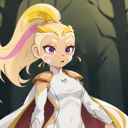 SFW, Masterpiece, highest Quality, Highest Resolution, perfect detailed modern anime style, anime lighting, detailed background, detailed, Adora, 1girl, solo, blonde hair, yellow hair, purple eyes, tail, ponytail, high ponytail, shoulder armor, body fur, two-tone fur, cape, white armor, yellow fur, top knot, facial fur, clothed, yellow skin, multicolored skin, adult, in forest, bright aura,