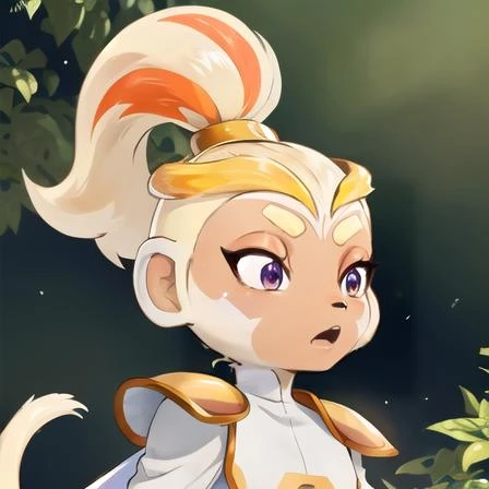 Masterpiece, highest Quality, Highest Resolution, perfect detailed modern anime style, anime lighting, detailed hands, high quality character design, detailed background, detailed, 1girl, Adora, blonde hair, purple eyes, tail, ponytail, high ponytail, shoulder armor, body fur, two-tone fur, cape, white armor, yellow fur, top knot, facial fur, clothed, yellow skin, multicolored skin, animal nose, monkey tail, adult, yellow hair, white facial mark, outside, vegetation, light surrounding, Magical aura, light aura, yellow glow, dazzling, casting light magic,