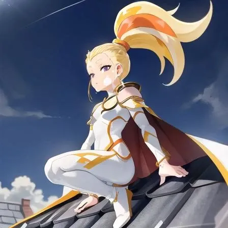 SFW, Masterpiece, highest Quality, Highest Resolution, perfect detailed modern anime style, anime lighting, detailed background, detailed, Adora, 1girl, solo, blonde hair, yellow hair, purple eyes, tail, ponytail, high ponytail, shoulder armor, body fur, two-tone fur, cape, white armor, yellow fur, top knot, facial fur, clothed, yellow skin, multicolored skin, adult, on roof looking out onto a village, full body, bright aura, yellow aura,