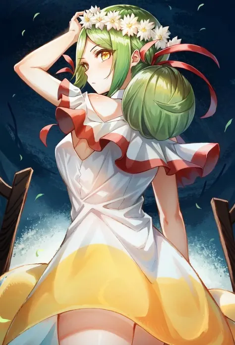 from behind, dress, arms above head
(masterpiece, best quality), 1girl, solo, furora, green hair, yellow eyes <lora:furoraPopNMusic:1>
