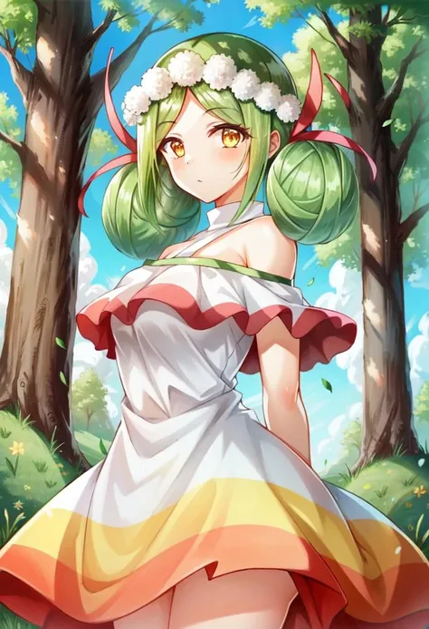 (masterpiece, best quality), 1girl, solo, furora, green hair, yellow eyes, hair bun, dress <lora:furoraPopNMusic:1>