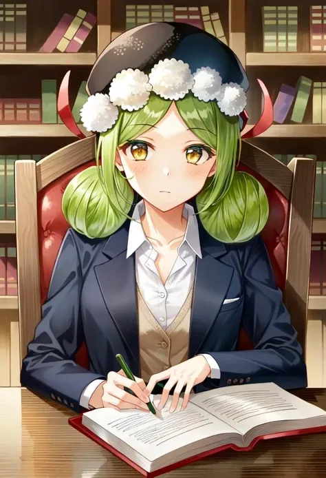 hat, suit, official suit, jacket, office, table, chair, bookshelf
(masterpiece, best quality), 1girl, solo, furora, green hair, yellow eyes <lora:furoraPopNMusic:1>