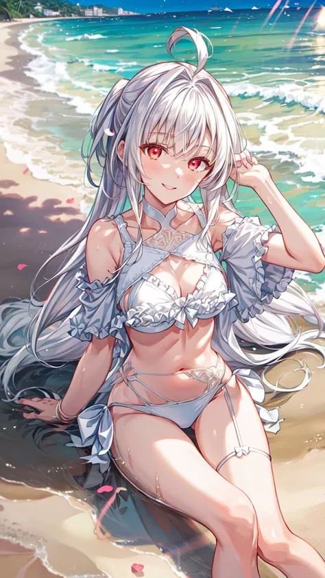 masterpiece,best quality,highres,illustration,hyper detailed,8k cg wallpaper,ray tracing,((white hair:1.2)),((long hair:1.2)),((red eyes:1.2)),((straight hair:1.2)),medium breasts,(hiten1:0.8),<lora:add_detail:1>,((swimsuit:1.2)),((ahoge:1.2)),((white bikini:1.2)),((frills:1.2)),((frilled bikini:1.2)),((beach:1.1)),((smile:1.1)),<lora:LadyAvalonSecondAsc-10:0.8>,