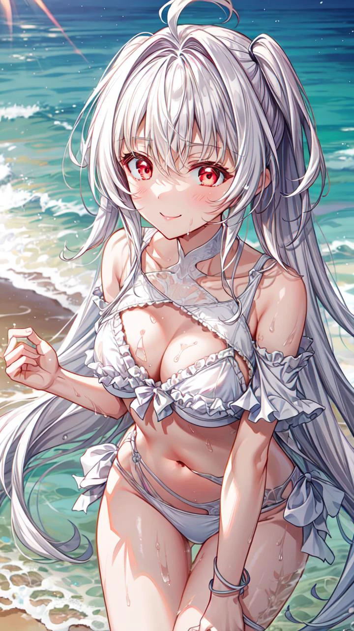 masterpiece,best quality,highres,illustration,hyper detailed,8k cg wallpaper,ray tracing,((white hair:1.2)),((red eyes:1.2)),medium breasts,((very long hair:1.2)),(hiten1:0.8),<lora:add_detail:1>,((ahoge:1.1)),((white bikini:1.2)),frills,((frilled bikini:1.2)),((wet:1.1)),<lora:LadyAvalonSecondAsc-10:0.7>,navel,shiny skin,beach,pov,smile,standing,leaning forward,