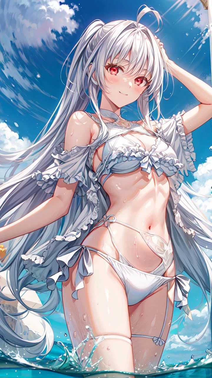 masterpiece,best quality,highres,illustration,hyper detailed,8k cg wallpaper,ray tracing,((white hair:1.2)),((red eyes:1.2)),medium breasts,((very long hair:1.2)),(hiten1:0.8),<lora:add_detail:1>,((swimsuit:1.2)),((ahoge:1.2)),((white bikini:1.2)),((frills:1.2)),((frilled bikini:1.2)),<lora:LadyAvalonSecondAsc-10:0.8>,((standing:1.1)),((cowboy shot:1.1)),((light smile:1.1)),navel,((shiny skin:1.1)),((wading:1.1)),ocean,from below,