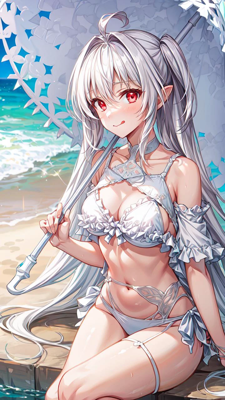 masterpiece,best quality,highres,illustration,hyper detailed,8k cg wallpaper,ray tracing,((white hair:1.2)),((red eyes:1.2)),medium breasts,((very long hair:1.2)),(hiten1:0.8),<lora:add_detail:1>,((swimsuit:1.2)),((ahoge:1.2)),((white bikini:1.2)),((frills:1.2)),((frilled bikini:1.2)),<lora:LadyAvalonSecondAsc-10:0.7>,((cowboy shot:1.1)),navel,((shiny skin:1.1)),((sitting:1.2)),((crossed legs:1.2)),((holding umbrella:1.2)),((licking lips:1.2)),beach,pov,