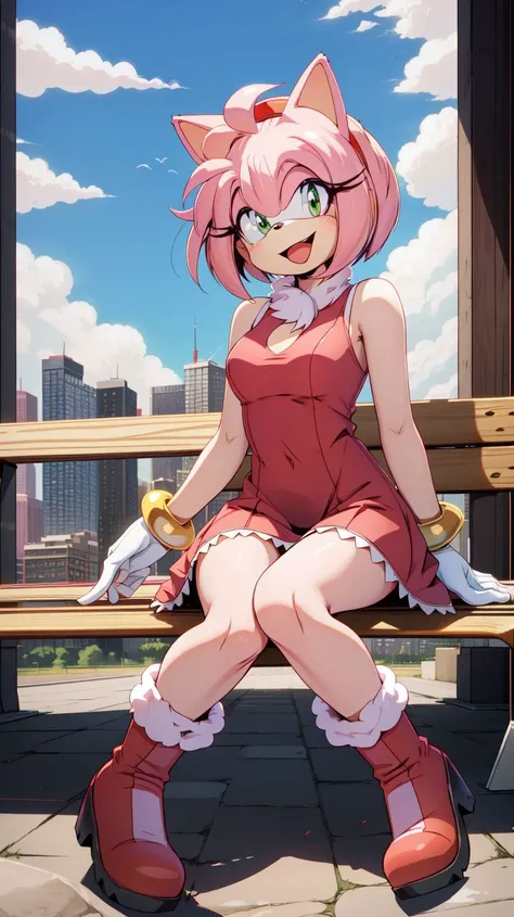 <lora:AmyRose1:1>,(masterpiece best quality:1.2),hdr,(uploaded on e621),((by nitro, by chadthecartoonnut, by marthedog)),amy rose,1girl,looking at viewer,smile,short hair,open mouth,simple background,gloves,dress,full body,hairband,boots,sleeveless,skin tone arms,white gloves,sleeveless dress,red dress,happy,red footwear,furry,furry female,red hairband,animal nose,solo,sonic the hedgehog \(series\),green eyes,animal ears,pink hair,pink fur,white stripped boots,perfect anatomy,outside,city,day time,blue sky,clouds,detailed background,detailed,perfect hands,bench,sitting,5 fingers,