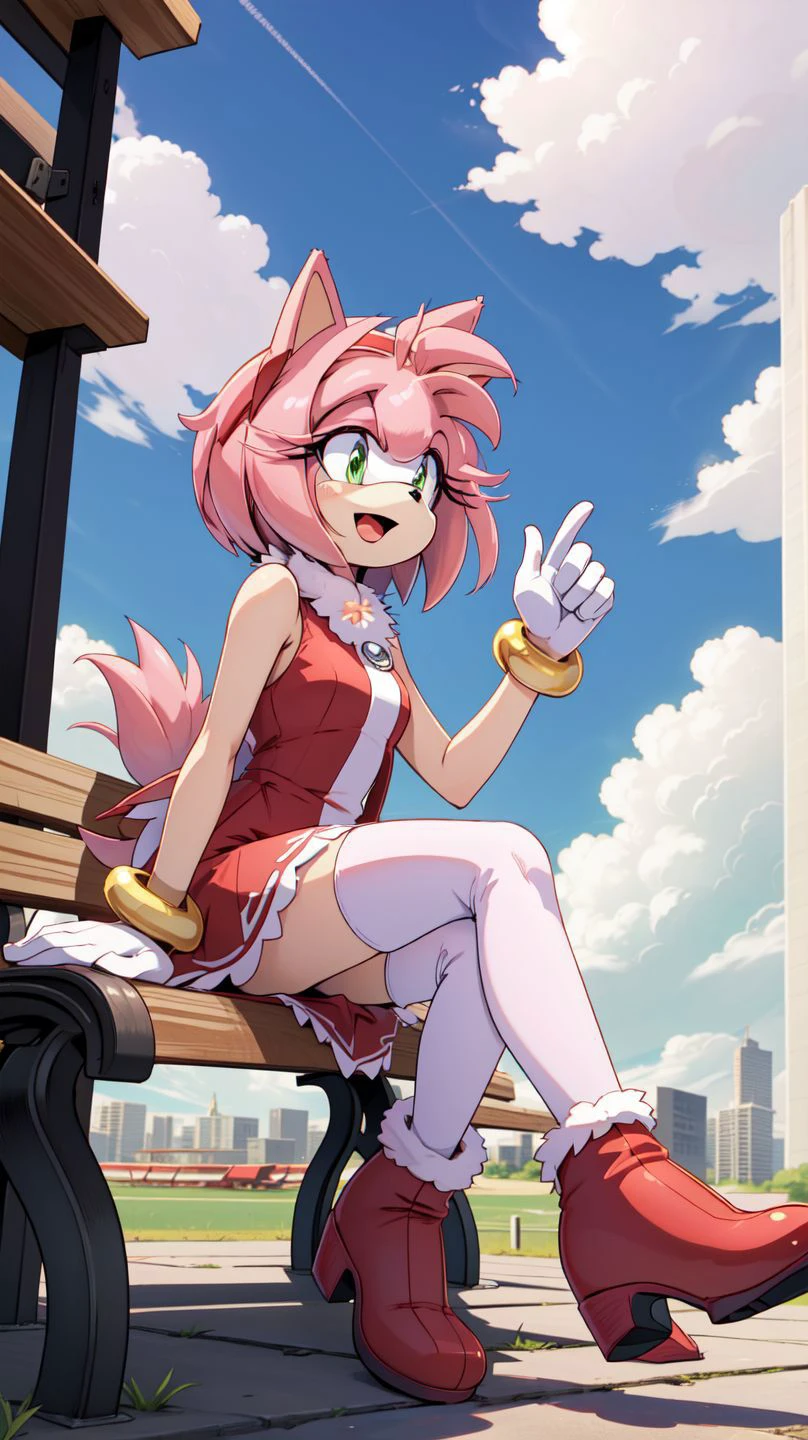 <lora:AmyRose1:1>,(masterpiece best quality:1.2),hdr,(uploaded on e621),((by nitro, by chadthecartoonnut, by marthedog)),amy rose,1girl,looking at viewer,smile,short hair,open mouth,simple background,gloves,dress,full body,hairband,boots,sleeveless,skin tone arms,white gloves,sleeveless dress,red dress,happy,red footwear,furry,furry female,red hairband,animal nose,solo,sonic the hedgehog \(series\),green eyes,animal ears,pink hair,pink fur,white stripped boots,perfect anatomy,outside,city,day time,blue sky,clouds,detailed background,detailed,perfect hands,bench,sitting,5 fingers,