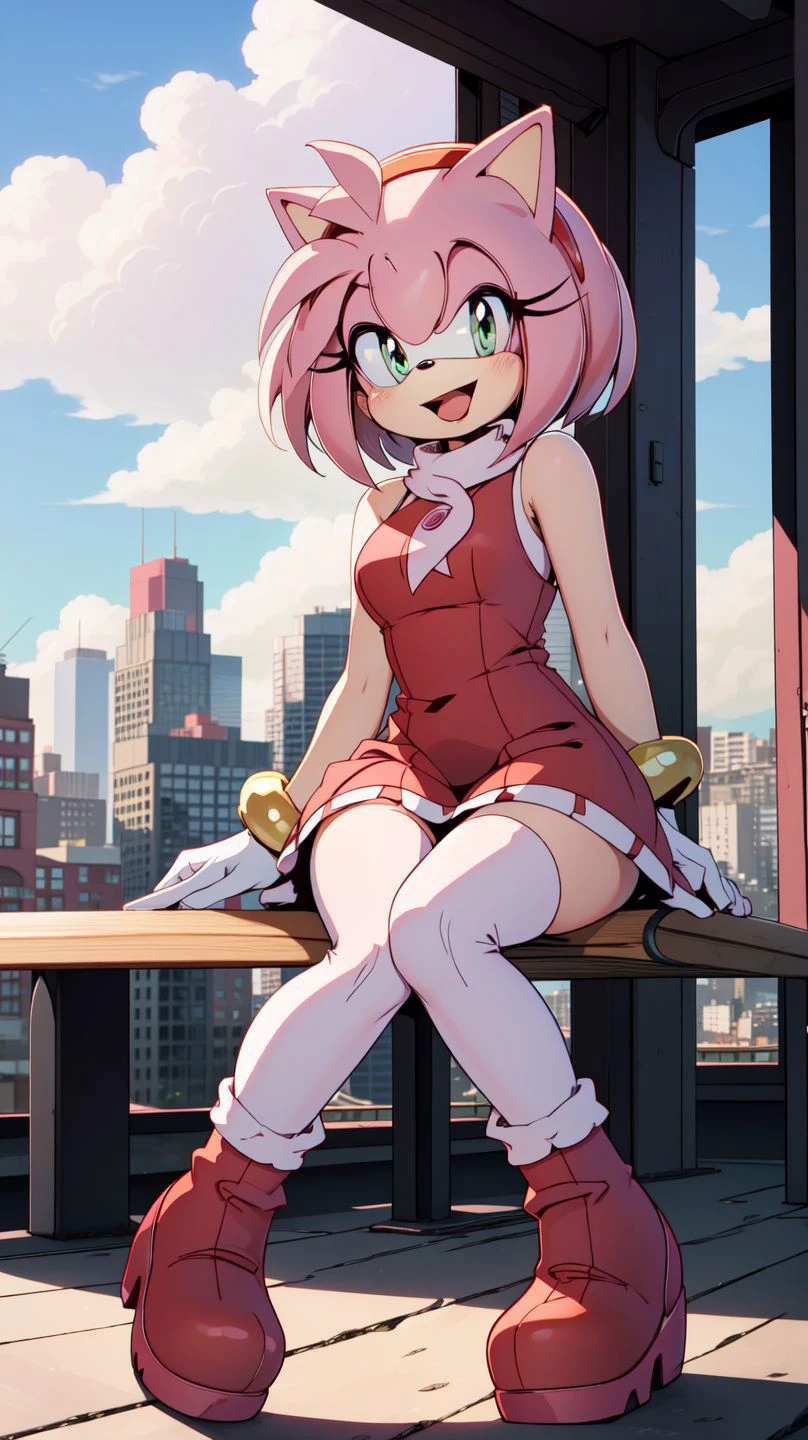 <lora:AmyRose1:1>,(masterpiece best quality:1.2),hdr,(uploaded on e621),((by nitro, by chadthecartoonnut, by marthedog)),amy rose,1girl,looking at viewer,smile,short hair,open mouth,simple background,gloves,dress,full body,hairband,boots,sleeveless,skin tone arms,white gloves,sleeveless dress,red dress,happy,red footwear,furry,furry female,red hairband,animal nose,solo,sonic the hedgehog \(series\),green eyes,animal ears,pink hair,pink fur,white stripped boots,perfect anatomy,outside,city,day time,blue sky,clouds,detailed background,detailed,perfect hands,bench,sitting,5 fingers,