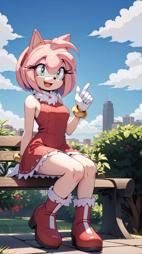 <lora:AmyRose1:1>,(masterpiece best quality:1.2),hdr,(uploaded on e621),((by nitro, by chadthecartoonnut, by marthedog)),amy rose,1girl,looking at viewer,smile,short hair,open mouth,simple background,gloves,dress,full body,hairband,boots,sleeveless,skin tone arms,white gloves,sleeveless dress,red dress,happy,red footwear,furry,furry female,red hairband,animal nose,solo,sonic the hedgehog \(series\),green eyes,animal ears,pink hair,pink fur,white stripped boots,perfect anatomy,outside,city,day time,blue sky,clouds,detailed background,detailed,perfect hands,bench,sitting,5 fingers,