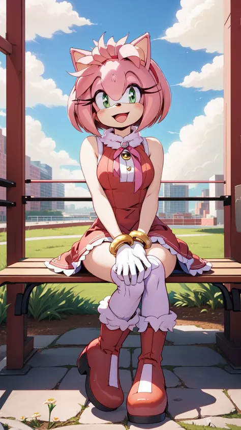 <lora:AmyRose1:1>,(masterpiece best quality:1.2),hdr,(uploaded on e621),((by nitro, by chadthecartoonnut, by marthedog)),amy rose,1girl,looking at viewer,smile,short hair,open mouth,simple background,gloves,dress,full body,hairband,boots,sleeveless,skin tone arms,white gloves,sleeveless dress,red dress,happy,red footwear,furry,furry female,red hairband,animal nose,solo,sonic the hedgehog \(series\),green eyes,animal ears,pink hair,pink fur,white stripped boots,perfect anatomy,outside,city,day time,blue sky,clouds,detailed background,detailed,perfect hands,bench,sitting,5 fingers,