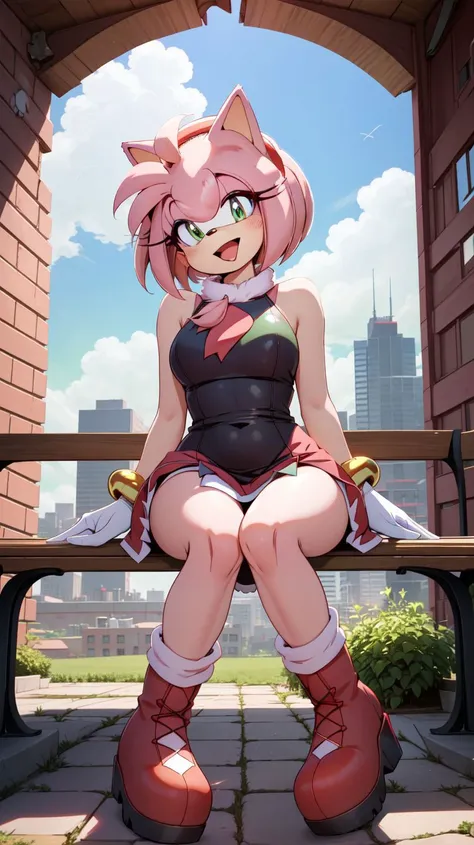 <lora:AmyRose1:1>,(masterpiece best quality:1.2),hdr,(uploaded on e621),((by nitro, by chadthecartoonnut, by marthedog)),amy rose,1girl,looking at viewer,smile,short hair,open mouth,simple background,gloves,dress,full body,hairband,boots,sleeveless,skin tone arms,white gloves,sleeveless dress,red dress,happy,red footwear,furry,furry female,red hairband,animal nose,solo,sonic the hedgehog \(series\),green eyes,animal ears,pink hair,pink fur,white stripped boots,perfect anatomy,outside,city,day time,blue sky,clouds,detailed background,detailed,perfect hands,bench,sitting,5 fingers,