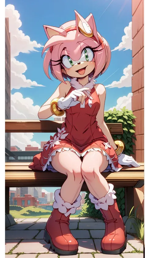 <lora:AmyRose1:1>,(masterpiece best quality:1.2),hdr,(uploaded on e621),((by nitro, by chadthecartoonnut, by marthedog)),amy rose,1girl,looking at viewer,smile,short hair,open mouth,simple background,gloves,dress,full body,hairband,boots,sleeveless,skin tone arms,white gloves,sleeveless dress,red dress,happy,red footwear,furry,furry female,red hairband,animal nose,solo,sonic the hedgehog \(series\),green eyes,animal ears,pink hair,pink fur,white stripped boots,perfect anatomy,outside,city,day time,blue sky,clouds,detailed background,detailed,perfect hands,bench,sitting,5 fingers,