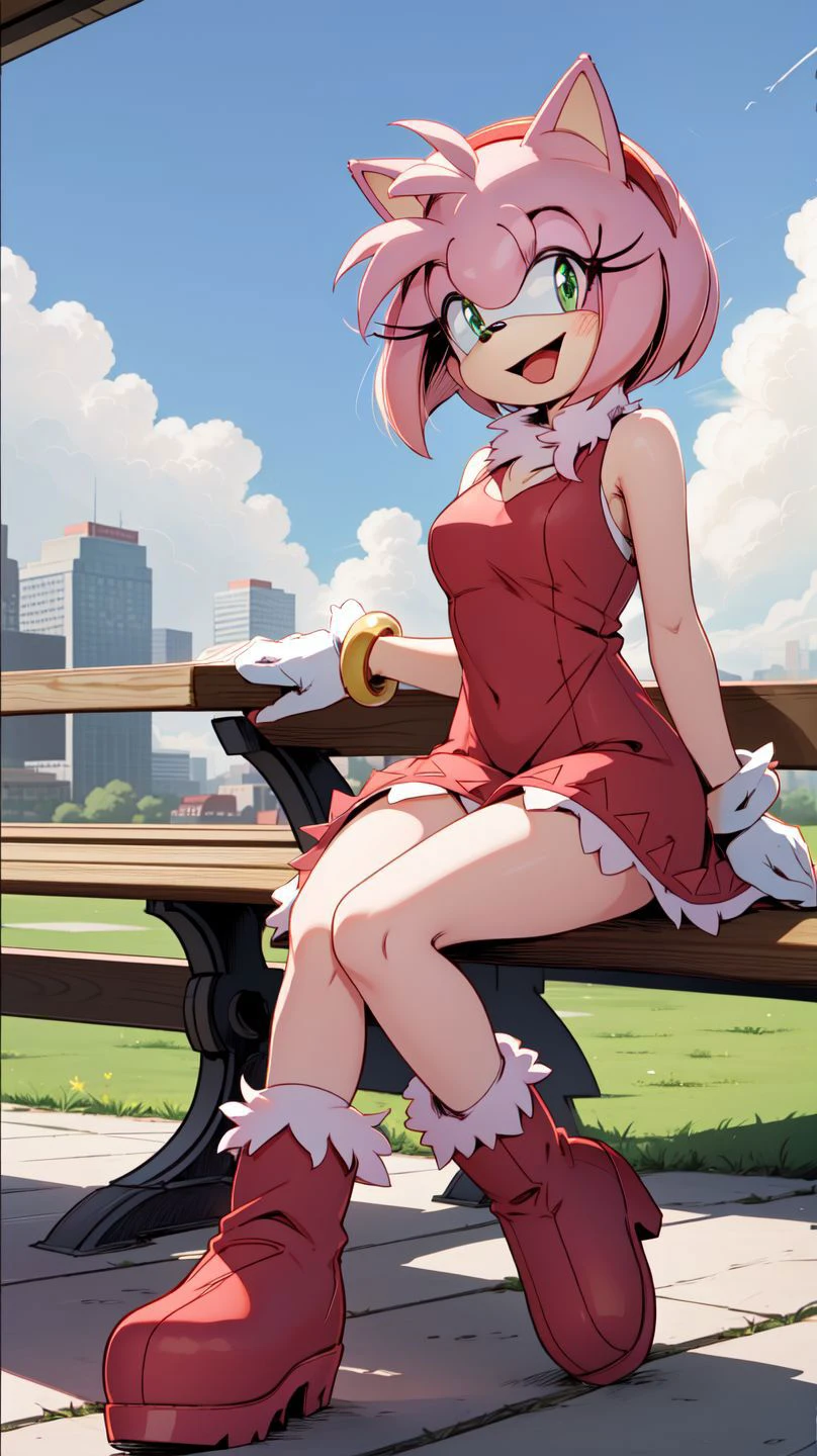 <lora:AmyRose1:1>,(masterpiece best quality:1.2),hdr,(uploaded on e621),((by nitro, by chadthecartoonnut, by marthedog)),amy rose,1girl,looking at viewer,smile,short hair,open mouth,simple background,gloves,dress,full body,hairband,boots,sleeveless,skin tone arms,white gloves,sleeveless dress,red dress,happy,red footwear,furry,furry female,red hairband,animal nose,solo,sonic the hedgehog \(series\),green eyes,animal ears,pink hair,pink fur,white stripped boots,perfect anatomy,outside,city,day time,blue sky,clouds,detailed background,detailed,perfect hands,bench,sitting,5 fingers,