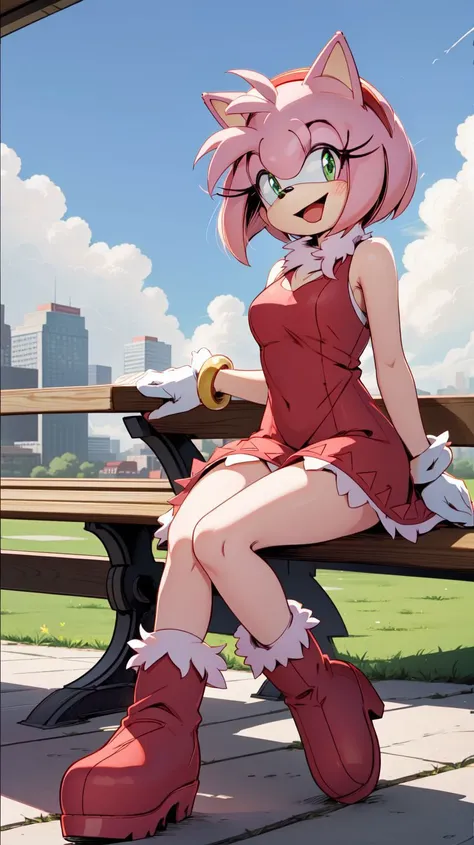 <lora:AmyRose1:1>,(masterpiece best quality:1.2),hdr,(uploaded on e621),((by nitro, by chadthecartoonnut, by marthedog)),amy rose,1girl,looking at viewer,smile,short hair,open mouth,simple background,gloves,dress,full body,hairband,boots,sleeveless,skin tone arms,white gloves,sleeveless dress,red dress,happy,red footwear,furry,furry female,red hairband,animal nose,solo,sonic the hedgehog \(series\),green eyes,animal ears,pink hair,pink fur,white stripped boots,perfect anatomy,outside,city,day time,blue sky,clouds,detailed background,detailed,perfect hands,bench,sitting,5 fingers,