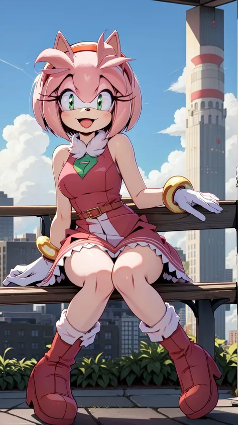 <lora:AmyRose1:1>,(masterpiece best quality:1.2),hdr,(uploaded on e621),((by nitro, by chadthecartoonnut, by marthedog)),amy rose,1girl,looking at viewer,smile,short hair,open mouth,simple background,gloves,dress,full body,hairband,boots,sleeveless,skin tone arms,white gloves,sleeveless dress,red dress,happy,red footwear,furry,furry female,red hairband,animal nose,solo,sonic the hedgehog \(series\),green eyes,animal ears,pink hair,pink fur,white stripped boots,perfect anatomy,outside,city,day time,blue sky,clouds,detailed background,detailed,perfect hands,bench,sitting,5 fingers,