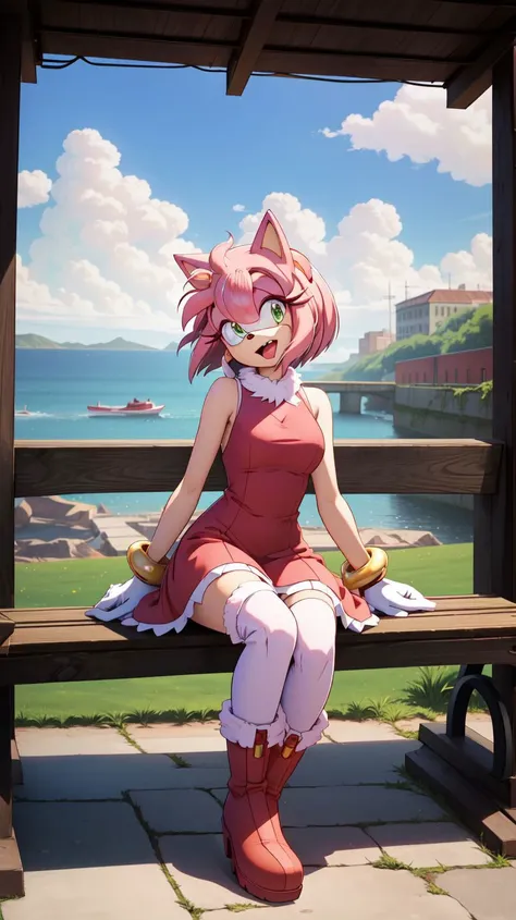 <lora:AmyRose1:1>,(masterpiece best quality:1.2),hdr,(uploaded on e621),((by nitro, by chadthecartoonnut, by marthedog)),amy rose,1girl,looking at viewer,smile,short hair,open mouth,simple background,gloves,dress,full body,hairband,boots,sleeveless,skin tone arms,white gloves,sleeveless dress,red dress,happy,red footwear,furry,furry female,red hairband,animal nose,solo,sonic the hedgehog \(series\),green eyes,animal ears,pink hair,pink fur,white stripped boots,perfect anatomy,outside,city,day time,blue sky,clouds,detailed background,detailed,perfect hands,bench,sitting,5 fingers,