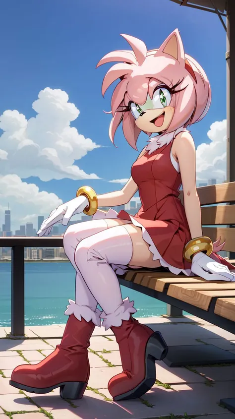 <lora:AmyRose1:1>,(masterpiece best quality:1.2),hdr,(uploaded on e621),((by nitro, by chadthecartoonnut, by marthedog)),amy rose,1girl,looking at viewer,smile,short hair,open mouth,simple background,gloves,dress,full body,hairband,boots,sleeveless,skin tone arms,white gloves,sleeveless dress,red dress,happy,red footwear,furry,furry female,red hairband,animal nose,solo,sonic the hedgehog \(series\),green eyes,animal ears,pink hair,pink fur,white stripped boots,perfect anatomy,outside,city,day time,blue sky,clouds,detailed background,detailed,perfect hands,bench,sitting,5 fingers,