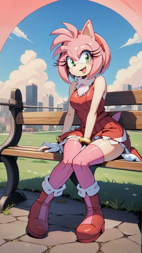 <lora:AmyRose1:1>,(masterpiece best quality:1.2),hdr,(uploaded on e621),((by nitro, by chadthecartoonnut, by marthedog)),amy rose,1girl,looking at viewer,smile,short hair,open mouth,simple background,gloves,dress,full body,hairband,boots,sleeveless,skin tone arms,white gloves,sleeveless dress,red dress,happy,red footwear,furry,furry female,red hairband,animal nose,solo,sonic the hedgehog \(series\),green eyes,animal ears,pink hair,pink fur,white stripped boots,perfect anatomy,outside,city,day time,blue sky,clouds,detailed background,detailed,perfect hands,bench,sitting,5 fingers,