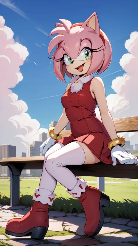 <lora:AmyRose1:1>,(masterpiece best quality:1.2),hdr,(uploaded on e621),((by nitro, by chadthecartoonnut, by marthedog)),amy rose,1girl,looking at viewer,smile,short hair,open mouth,simple background,gloves,dress,full body,hairband,boots,sleeveless,skin tone arms,white gloves,sleeveless dress,red dress,happy,red footwear,furry,furry female,red hairband,animal nose,solo,sonic the hedgehog \(series\),green eyes,animal ears,pink hair,pink fur,white stripped boots,perfect anatomy,outside,city,day time,blue sky,clouds,detailed background,detailed,perfect hands,bench,sitting,5 fingers,