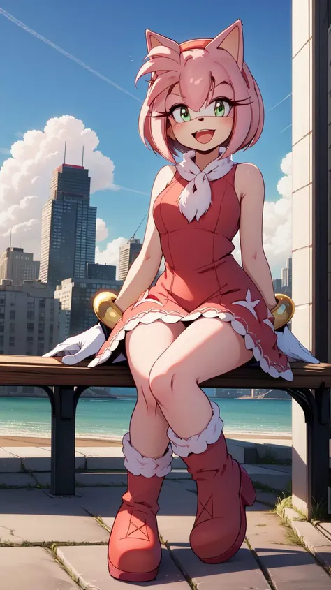 <lora:AmyRose1:1>,(masterpiece best quality:1.2),hdr,(uploaded on e621),((by nitro, by chadthecartoonnut, by marthedog)),amy rose,1girl,looking at viewer,smile,short hair,open mouth,simple background,gloves,dress,full body,hairband,boots,sleeveless,skin tone arms,white gloves,sleeveless dress,red dress,happy,red footwear,furry,furry female,red hairband,animal nose,solo,sonic the hedgehog \(series\),green eyes,animal ears,pink hair,pink fur,white stripped boots,perfect anatomy,outside,city,day time,blue sky,clouds,detailed background,detailed,perfect hands,bench,sitting,5 fingers,