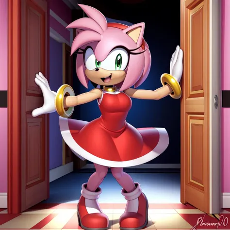 pov, Amyrose, sitting, skinny, crossed legs, red dress, looking at viewer, dick flash, hairy penis, green eyes, foreskin, inside a train, gloves, cartoon style, boots