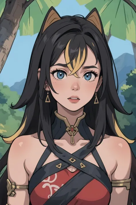 3062197697 Kanae Hyiori, a beautiful woman from the Water Tribe, has red eyes, long brown hair, her dark skin, she has a toned and strong body, in front of a lush igloo, wearing a standard Water Tribe coat, with a close-up capturing the harmonious beauty between her natural breasts, showcasing her mastery of Waterbending.