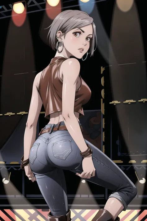 masterpiece, ((best quality)), ((highly detailed)),((detailed eyes, deep eyes)), (1girl:1.4), ((from behind tight ass tiny waist:1.2)), ((nobarajk)::1.4) Nobara, kugisaki nobara, short hair, ((large breasts)), ((brown hair::1.5)), brown eyes, short hair, ((black stylish leather blazer over a red tank top, black skinny jeans, black ankle boots, silver hoop earrings::1.4)), (complex detailed background, onstage, concert venue, bright lights::1.3) <lora:nobaraJujutsuKaisen_v1:0.9>