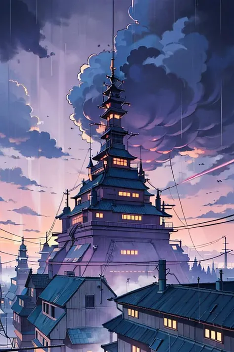 lanscape, amegakure buildings, towers, dawn, cables, heavy rain, purple sky cloud, pipes, electricity, fog, cloudy sky, anime style, ghibli style, ray of lights, <lora:ARWAmegakure:1>