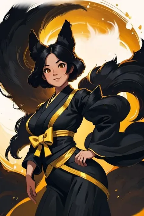 hotify, prettify, masterpiece, best quality, (1girl, solo:1.1), (long black hair, kitsune), gold eyes, yellow eyes, (dark skin), thick, wide hips, (black fox ears), black fox tail, (japanese_clothing, mage robe), blush, smile, (large bust:1.2, wide hips), (headshot, portrait:1.2)
<lora:summerStyle_v10:1>