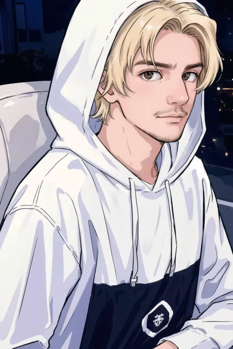 xqc, hoodie, 1boy, (squinting eyes), dark brown eyes, <lora:xqclora_xqcV031:0.7>, blonde hair, shaved, action pose, <lora:epiNoiseoffset_v2:1>, dark, masculine, designer clothes, in los angeles, long sleeve shirt, skinny, looking at viewer,
