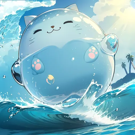 cute fat bubble cat, (water elemental cat), on the sea, water, wave, water splash, (cat paws),transparent, gold fish inside the cat, water reflection, small island with coconut tree in the background, sun and clouds in the background, sunny day, sun rays,, ((masterpiece:1.2)), ((best quality:1.2)), (hires), HDR, 4K quality