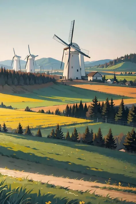 a field with ten massive modern windmills