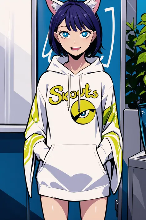 <lora:stretchy:0.6>,absurdres,hotify,inzaniak,sign,border,hoodie,print_hoodie,open_mouth,sleeves_past_wrists,white_pupils,blue_eyes,highres,solo,animal,animal_on_head,short_hair,bright_pupils,hood_down,smile,cat