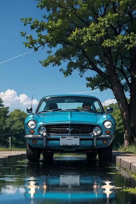 a tree reflected in the hood of a blue car