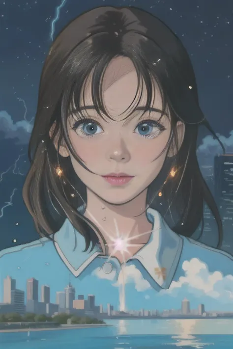 A woman with long hair and blue eyes standing in front of a city ...