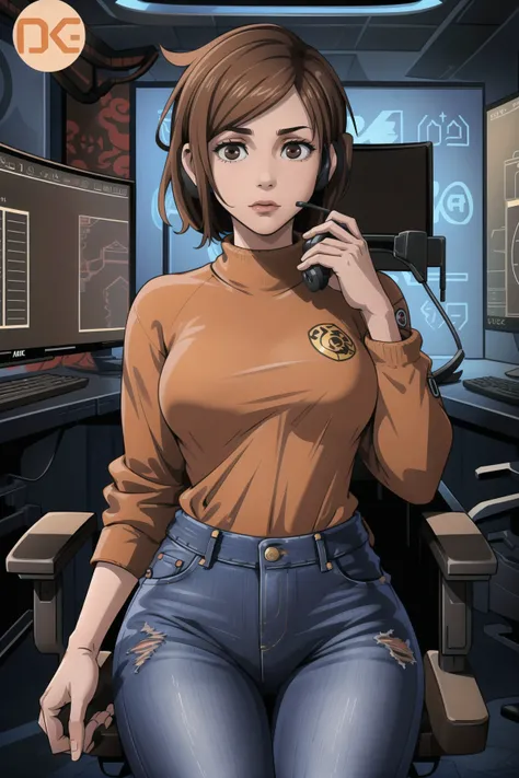 masterpiece, ((best quality)), ((highly detailed)),((detailed eyes, deep eyes)), (1girl:1.4), ((from behind tight ass tiny waist:1.2)), ((nobarajk)::1.4) Nobara, kugisaki nobara, short hair, skirt, large breasts, ((brown hair::1.5)), closed mouth, brown eyes, short hair, (( gaming jersey with team logo, headset, holding a controller, jeans and sneakers::1.4)), (complex detailed background, gaming setup, multiple monitors, gaming chair, cowboy shot::1.3) <lora:nobaraJujutsuKaisen_v1:0.9>