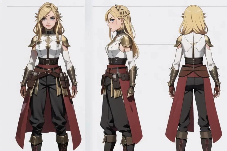 1woman, solo, armor, pauldrons, <lora:BarbarianT-18:0.8>, BarbarianT, muscular female, bare very muscular abs, ((masterpiece: 1.4, perfect face, best quality: 1.2)), saturated brown tones, ultra highly detailed, detailed eyes, delicate hair details, armor faulds, fantasy crop top, arm armor, armor greaves, short tippet, large breasts, sexy eyes, devilish grin, mixed blonde hair, very long spiky hair, many braids in long hair, intricate details, hazel eyes, eyeliner, eyelashes, crossed_bangs, warpaint, one bare muscular armor with viking design tattoo, wide striped puffy sleeves, multicolor sleeves, tribal design asymmetrical lion cloths, leather boots, wide striped baggy pants trousers, tassel belt accessories, barbarian woman, brown leather hip belt with pouch on right side of hip, sword on left side of hip belt, leather gloves with fur trim, nordic, fantasy aesthetic,(2d saturated colors), fine details, intense,(lineart:1.33), charactersheet, reference sheet, multiple views, white background