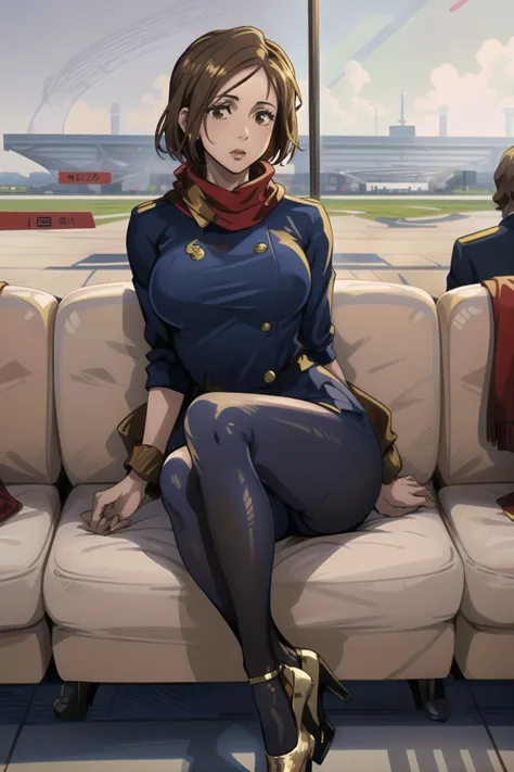masterpiece, ((best quality)), ((highly detailed)),((detailed eyes, deep eyes)), ((1girl:1.6)),solo ((from behind tight ass tiny waist:1.2)), ((nobarajk::1.4) Nobara, kugisaki nobara, short hair, ((large breasts)), ((brown hair::1.5)), brown eyes, short hair, ((sexy navy blue flight attendant uniform with gold accents, red scarf, black heels::1.4)), (complex detailed background, outside of airplane, in airport::1.3) <lora:nobaraJujutsuKaisen_v1:1.1>