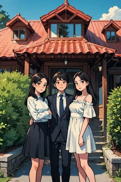 a family of four posing in front of a house