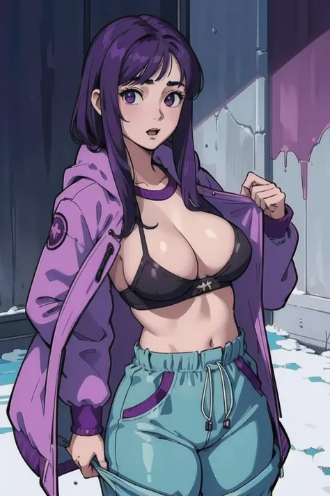 girl, (hotify:1.2), (vampire:1.4), (Dawn,Gym:1.4),Chubby,Huge Breasts,(standing),Medium Hair,Bouffant,(purple Parka,aquamarine Harem Pants:1.3),lyrical nanoha,School Outfit ,(masterpiece,detailed,highres:1.4)