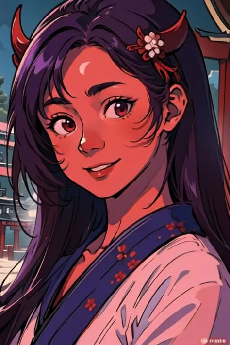 masterpiece, best quality, high quality, ultra-detailed illustration, extremely delicate and beautiful 1girl, red oni, red_skin, stubby horns, japanese_clothes, kimono, purple hair, smiling, looking at the viewer, (portrait, closeup), (detailed background shinto temple)

<lora:red_skin:1>