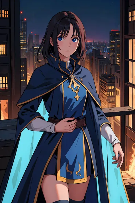 photograph, 8k realistic RAW photo, extremely detailed, (best quality:1.2), fantasy RPG, 
young female, mage, messy hair, 
mage outfit, 
surrounded by aura, 
in city, dawn, 
detailed skin, ultra high res,
