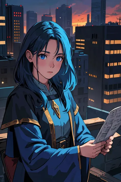 photograph, 8k realistic RAW photo, extremely detailed, (best quality:1.2), fantasy RPG, 
young female, mage, messy hair, 
mage outfit, 
surrounded by aura, 
in city, dawn, 
detailed skin, ultra high res,