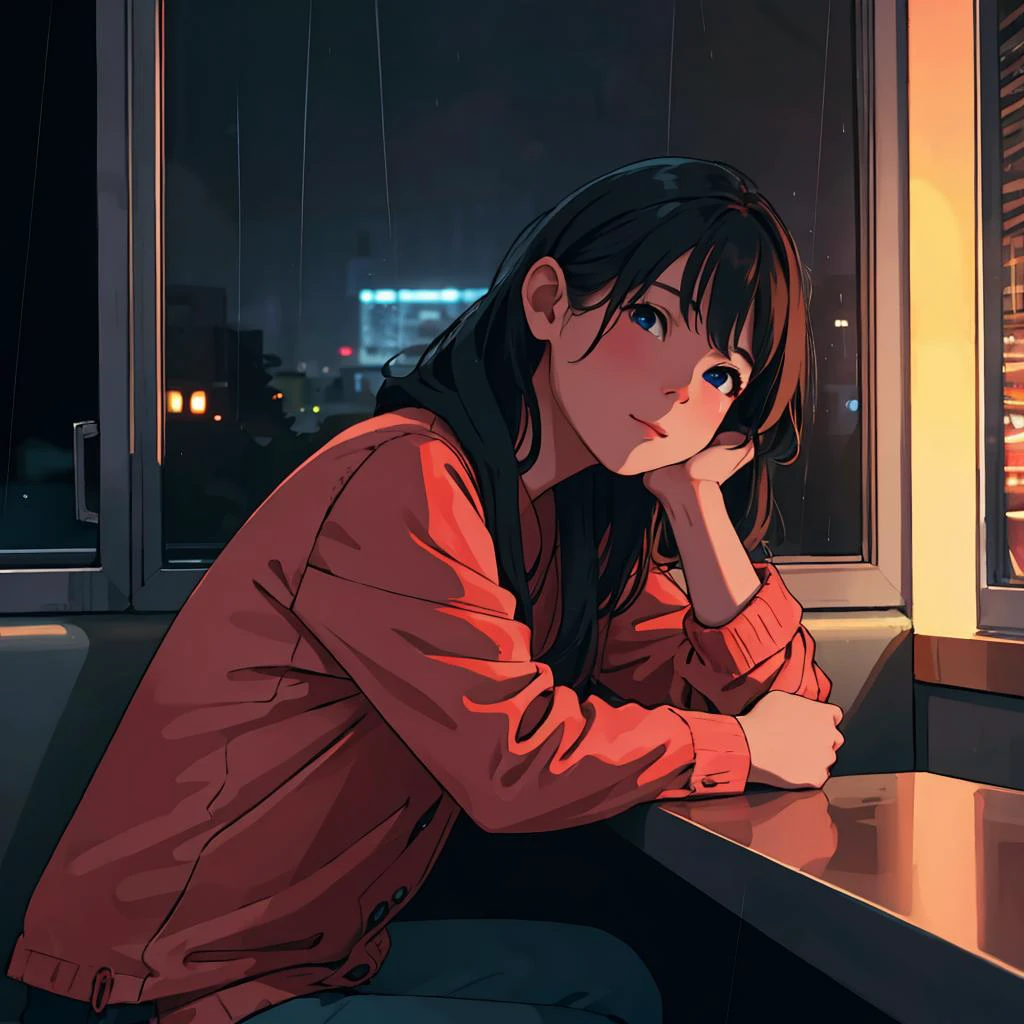 photograph, 8k realistic RAW photo, extremely detailed, (best quality:1.2), 
young female, 
in diner, 
rainy night outside of window, 
detailed skin, ultra high res,