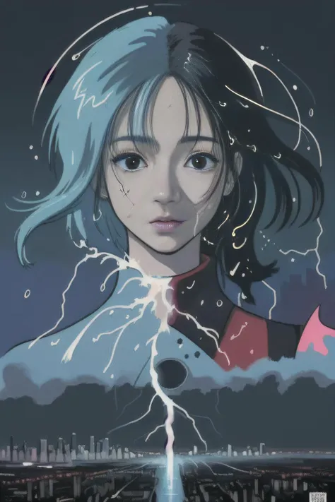 abstract face in a city landscape, a photorealistic painting by Mark English , [:anime line art:0.2], celestial and Heat and Thunder and Water themed, epic splash art , auto-destructive art, , abstract