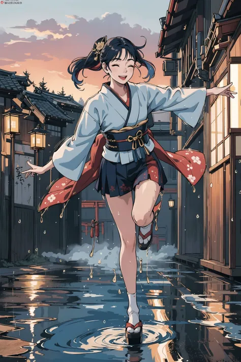 masterpiece, best quality, 1girl, wearing kimono, dynamic pose, full body, eyes closed, wet fabric, foreshortening, dynamic, motion, broad smile, colored hair,  (feudal japan background:1.1), raining, dancing in the street,  golden hour, clouds,  highly detailed, colorful