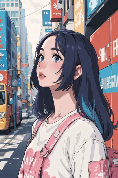 masterpiece, best quality, 1girl, wearing casual clothing, colored hair, prettyeyes, colorful futuristic city, highly detailed, colorful